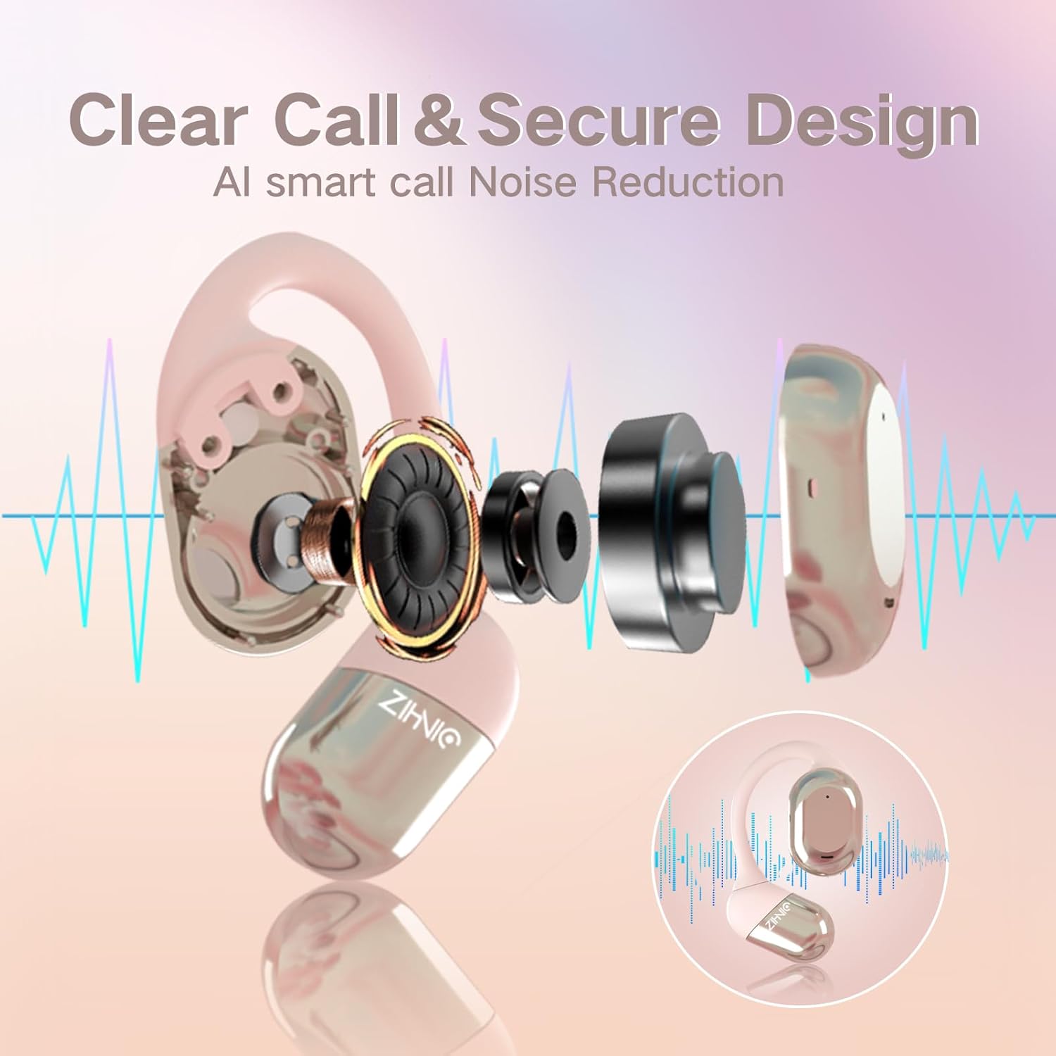 ZIHNIC Wireless Open-Ear Headphones – Lightweight, Waterproof, Bluetooth-Compatible (Pink)