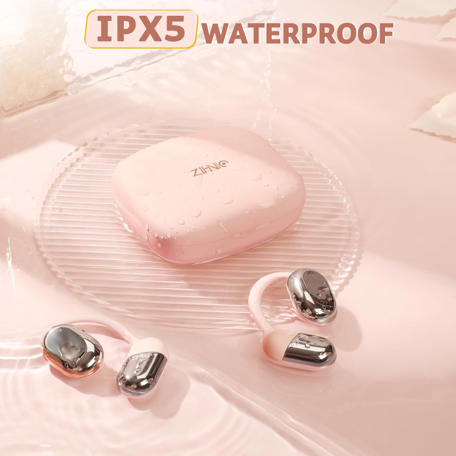 ZIHNIC Wireless Open-Ear Headphones – Lightweight, Waterproof, Bluetooth-Compatible (Pink)