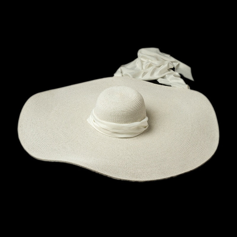 Sun Hat Soft Silk Ribbon Tie Wide Brim Floppy Hat Giant Beach Straw