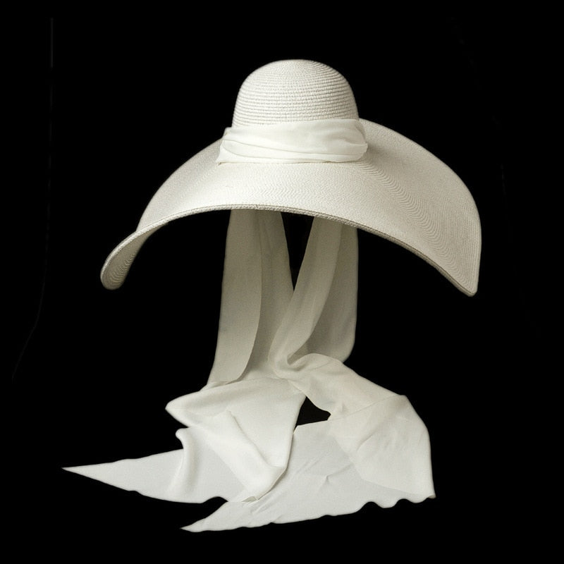 Sun Hat Soft Silk Ribbon Tie Wide Brim Floppy Hat Giant Beach Straw